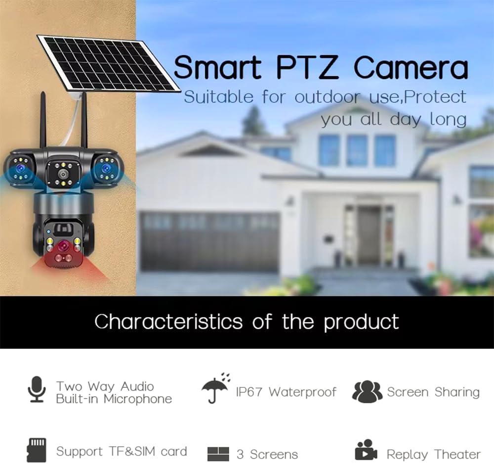 solar Security Camera, 12MP Full HD, 3 Lens, Outdoor PTZ, Solar Powered
