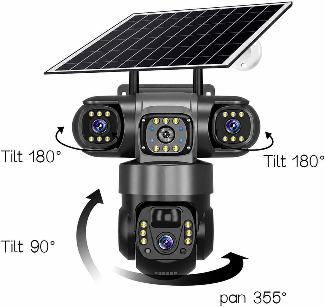 solar Security Camera, 12MP Full HD, 3 Lens, Outdoor PTZ, Solar Powered