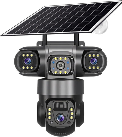 solar Security Camera, 12MP Full HD, 3 Lens, Outdoor PTZ, Solar Powered
