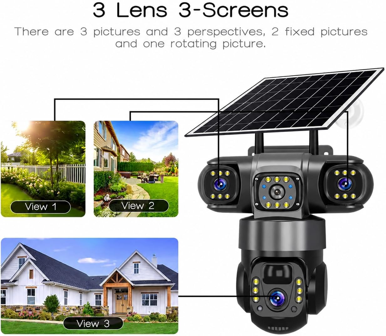 solar Security Camera, 12MP Full HD, 3 Lens, Outdoor PTZ, Solar Powered