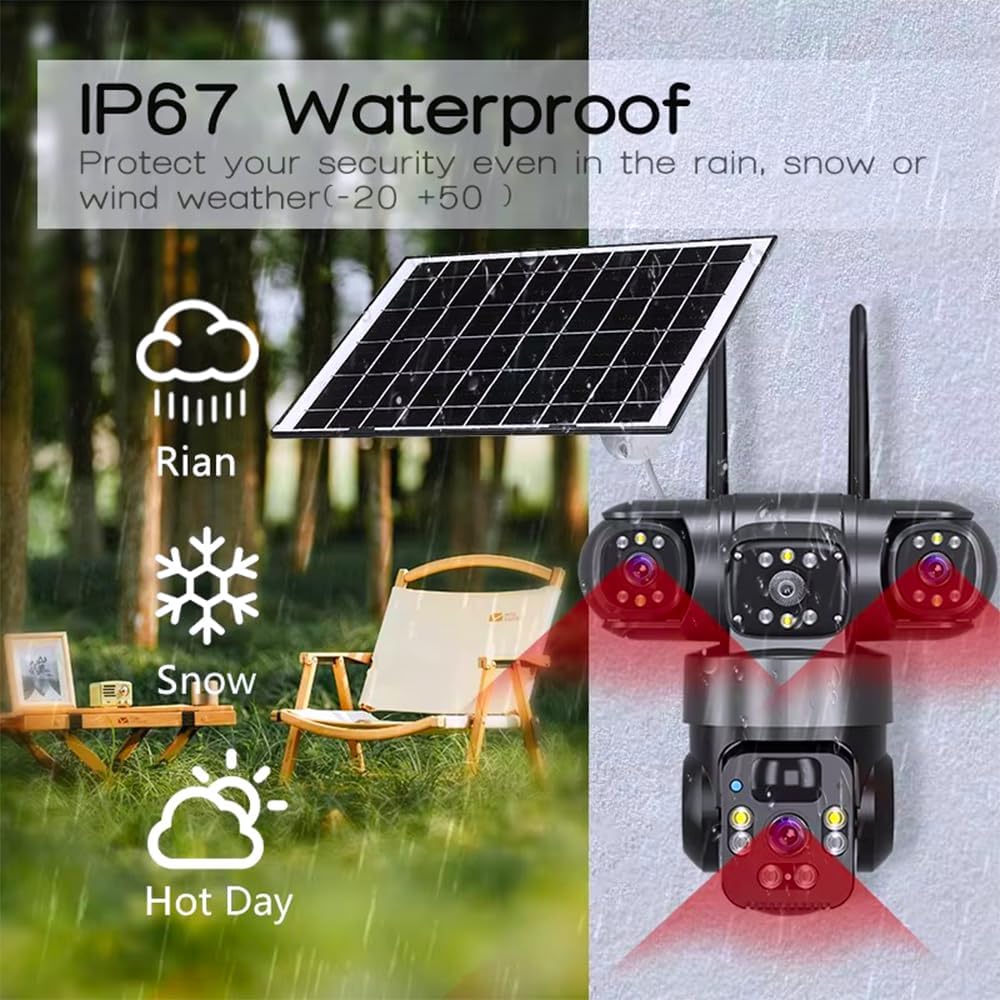 solar Security Camera, 12MP Full HD, 3 Lens, Outdoor PTZ, Solar Powered