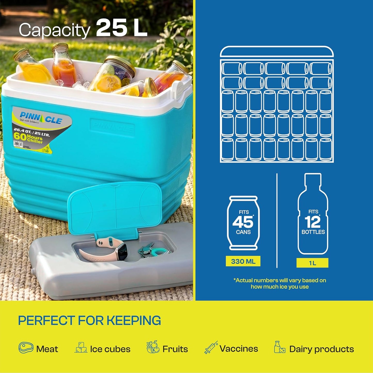 Primero Chiller Ice Box 25 Ltr| Fits 45 cans | Holds Ice Upto 60hrs |Portable Insulated Cooler IceBox with Drink Holder