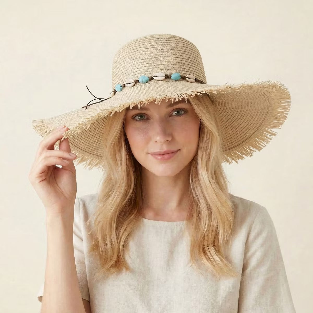 Anna-Kaci Wide Brim Straw Sun Hat with Fringe Edge