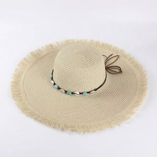 Anna-Kaci Wide Brim Straw Sun Hat with Fringe Edge