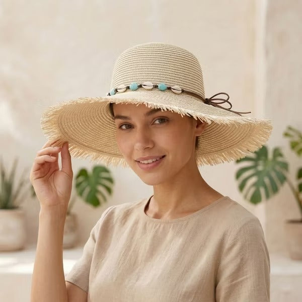 Anna-Kaci Wide Brim Straw Sun Hat with Fringe Edge